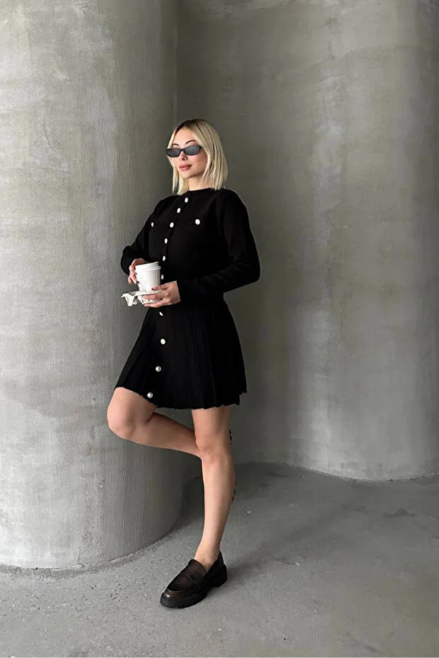 Kadın Triko Mini Etek Hırka Takım – Siyah