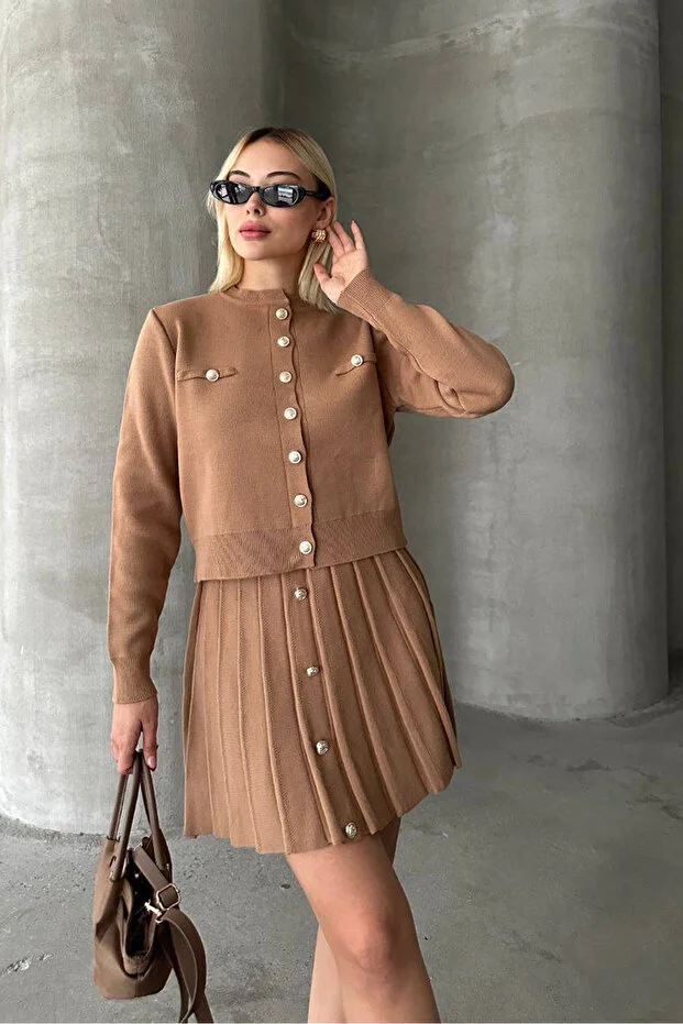 Kadın Triko Mini Etek Hırka Takım – Camel