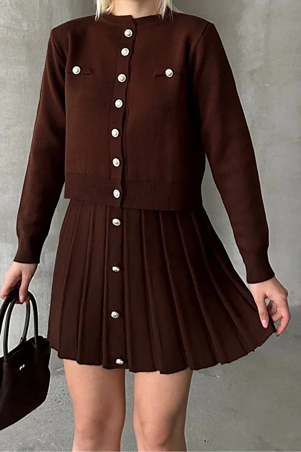 Krem Mini Etek Hırka Kadın Kahverengi Alt Üst Takım