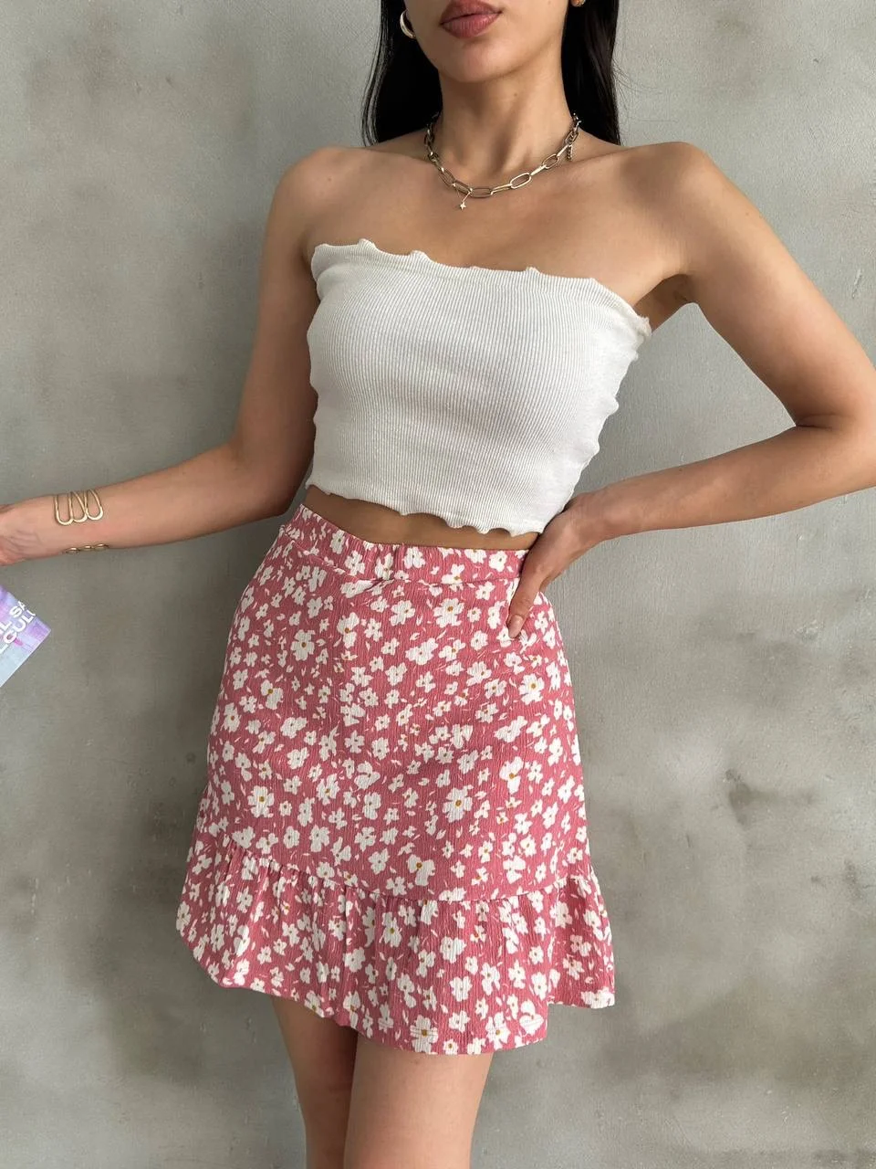 Kadın Pembe Çiçek Desenli Mini Şort Etek