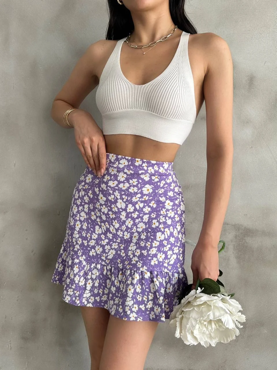 Kadın Lila Çiçek Desenli Mini Şort Etek