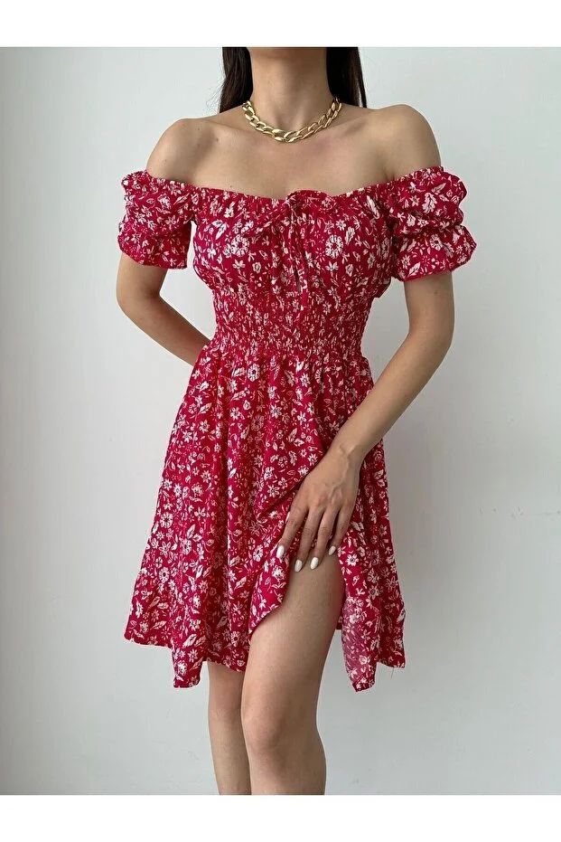 Kayık Yaka Çiçek Desenli Bürümcük Mini Elbise – Kırmızı
