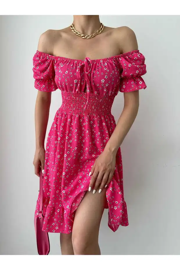 Kayık Yaka Gipeli Bürümcük Mini Elbise – Pembe