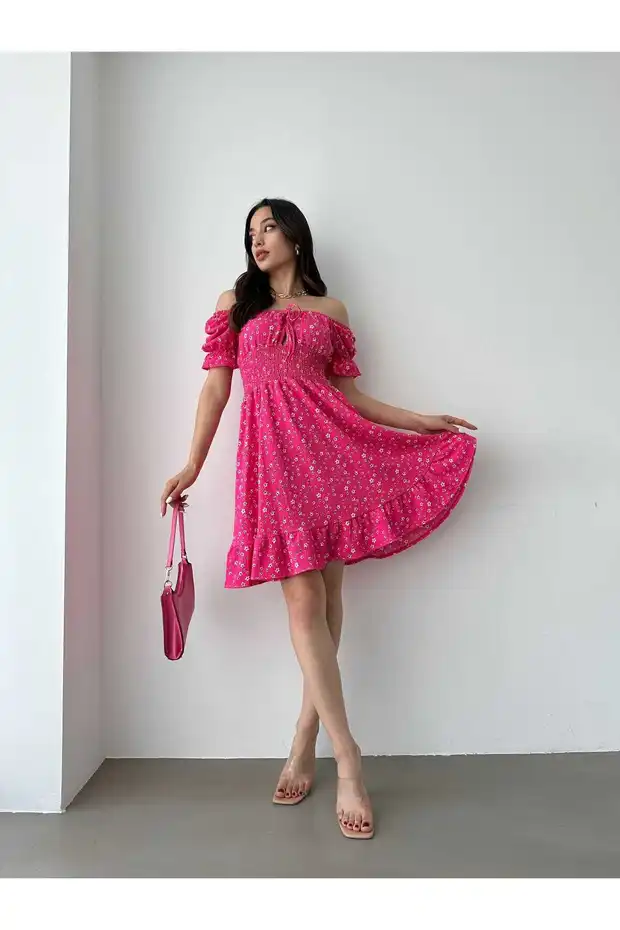 Kayık Yaka Gipeli Bürümcük Mini Elbise – Pembe