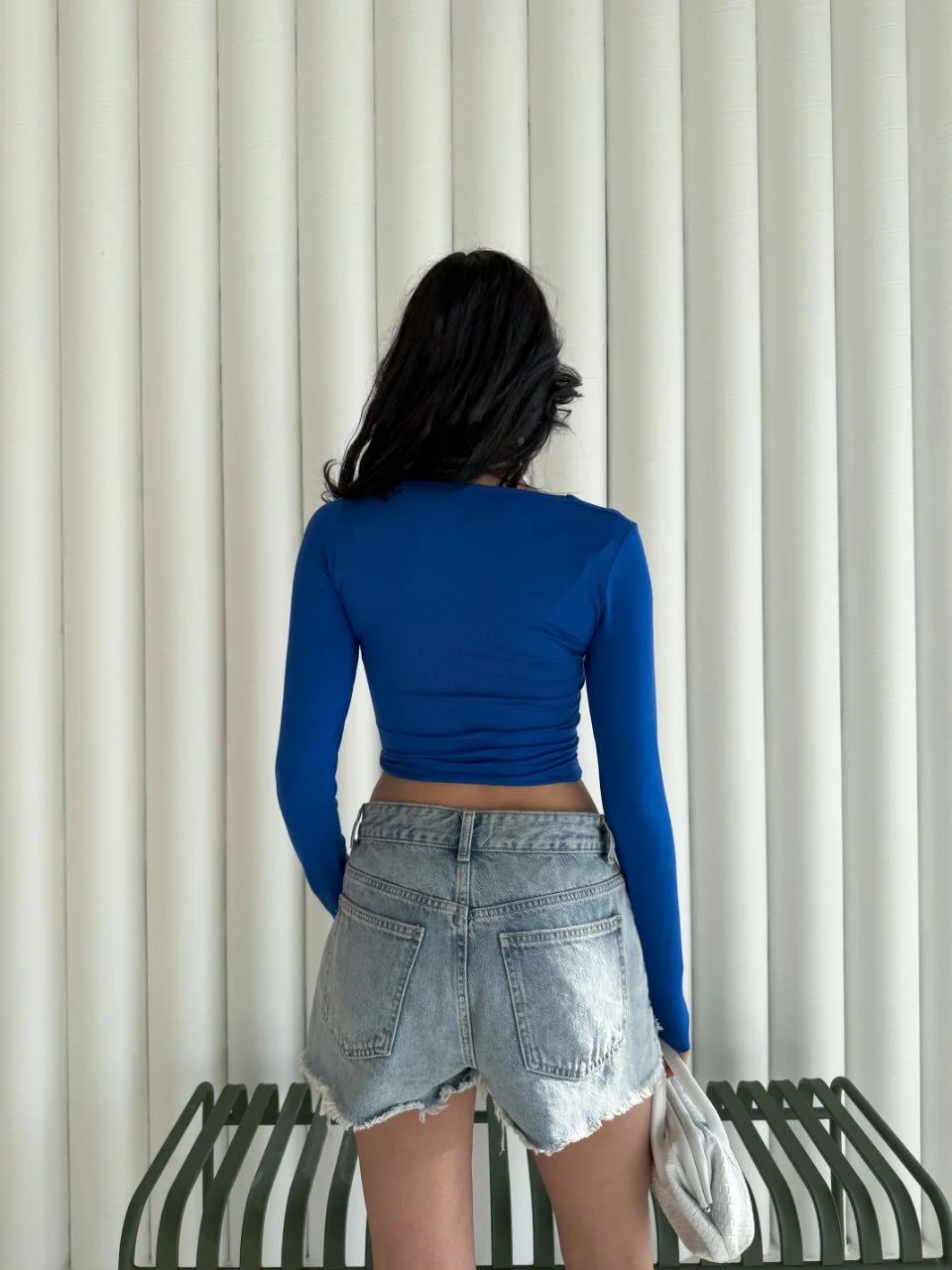 Kadın Kare Yaka Uzun Kol Bluz - Mavi