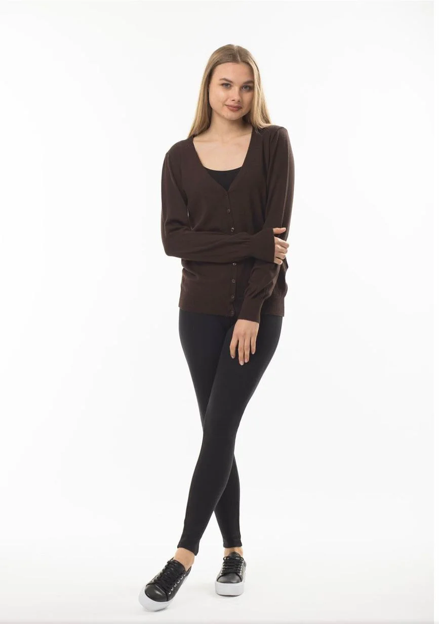 Kahverengi V Yaka Düğmeli Basic Triko Kadın Hırka