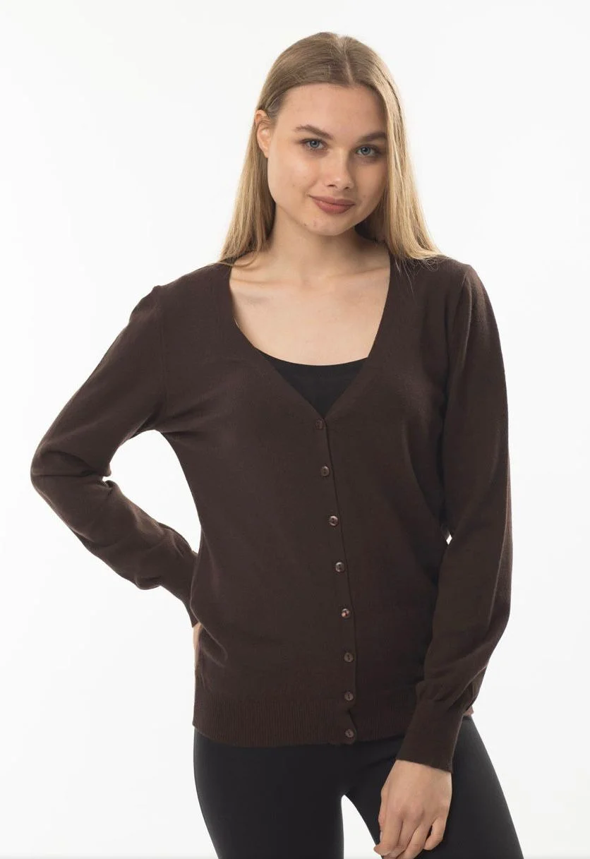 Kahverengi V Yaka Düğmeli Basic Triko Kadın Hırka