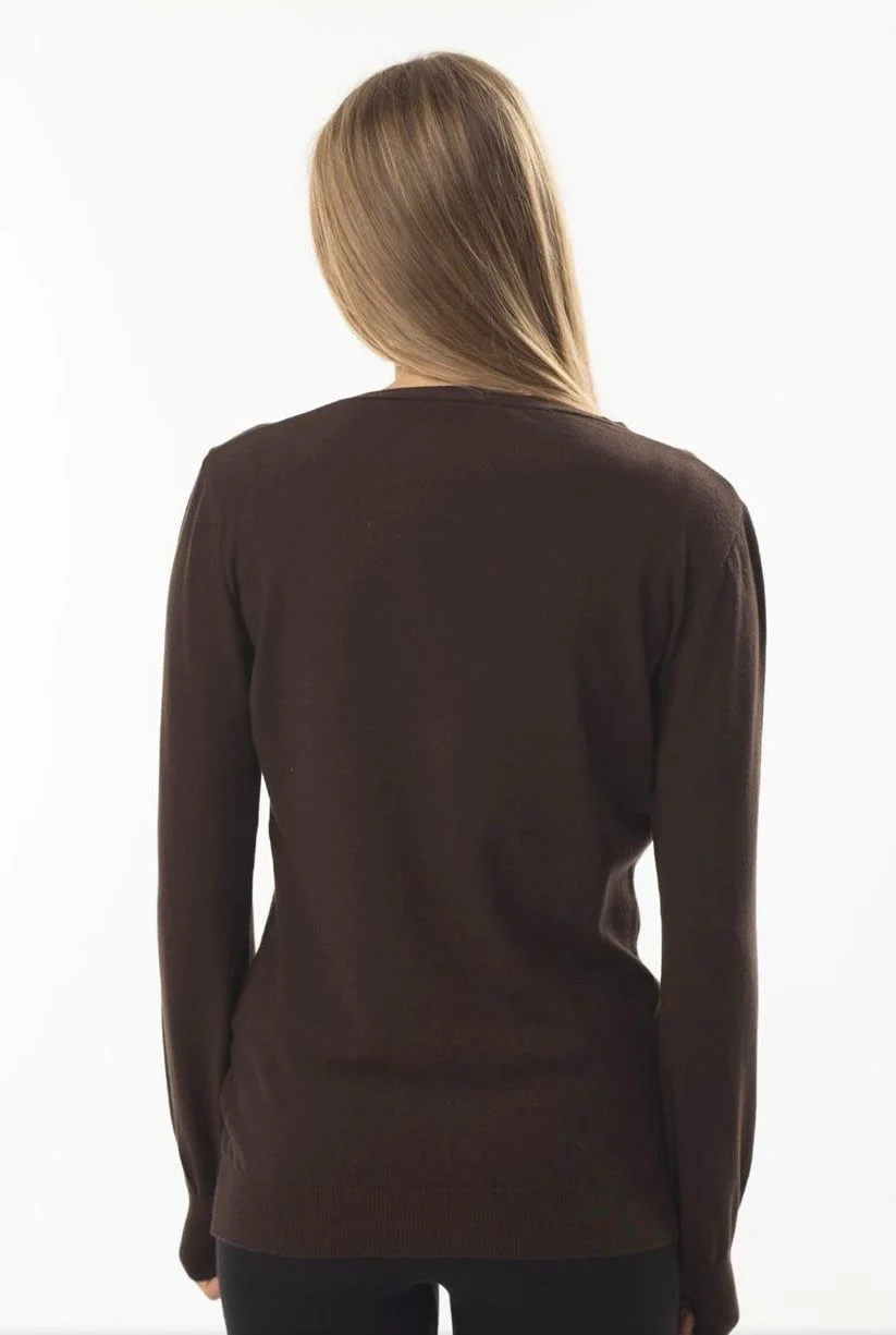 Kahverengi V Yaka Düğmeli Basic Triko Kadın Hırka