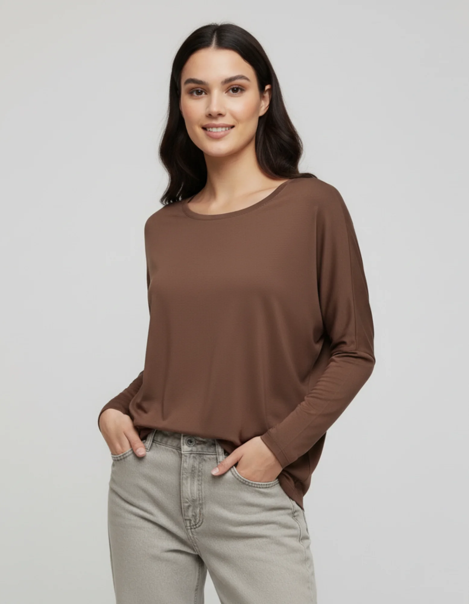 Kahverengi Basic Uzun Kollu Viskon Kadın Bluz