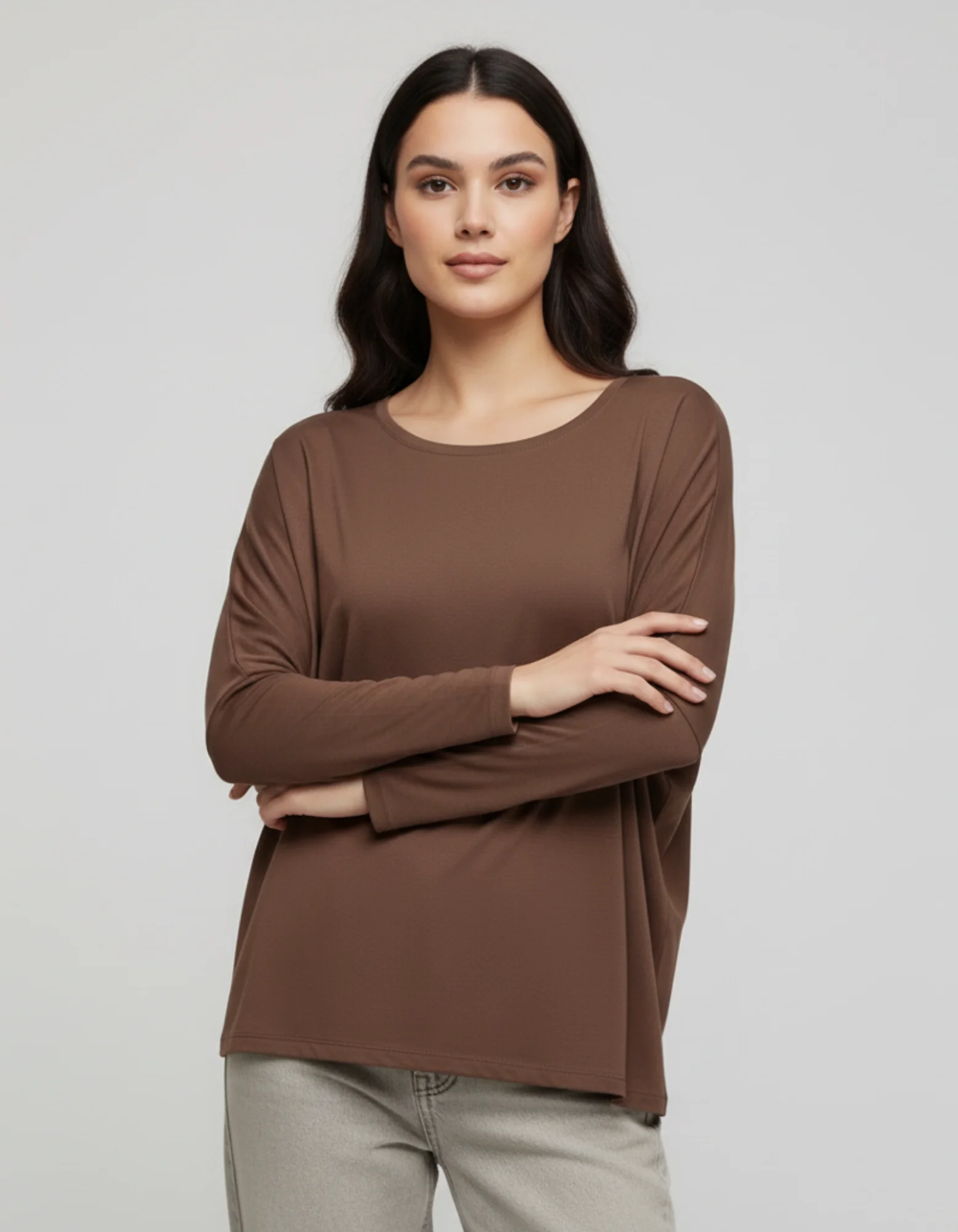 Kahverengi Basic Uzun Kollu Viskon Kadın Bluz