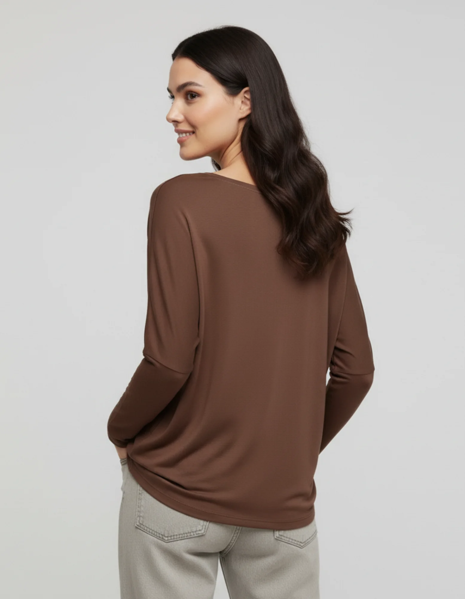 Kahverengi Basic Uzun Kollu Viskon Kadın Bluz