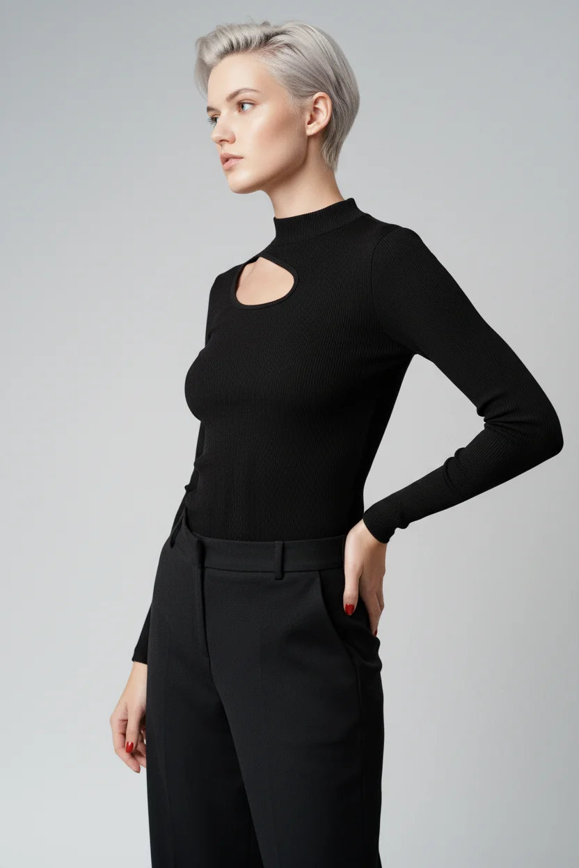 Balıkçı Yaka Kaşkorse Cut Out Detaylı Bluz - Siyah