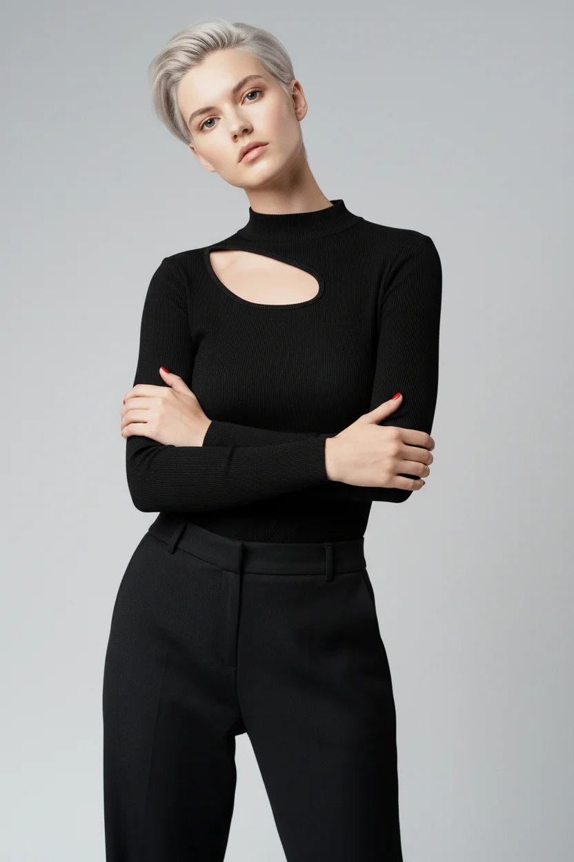 Balıkçı Yaka Kaşkorse Cut Out Detaylı Bluz - Siyah