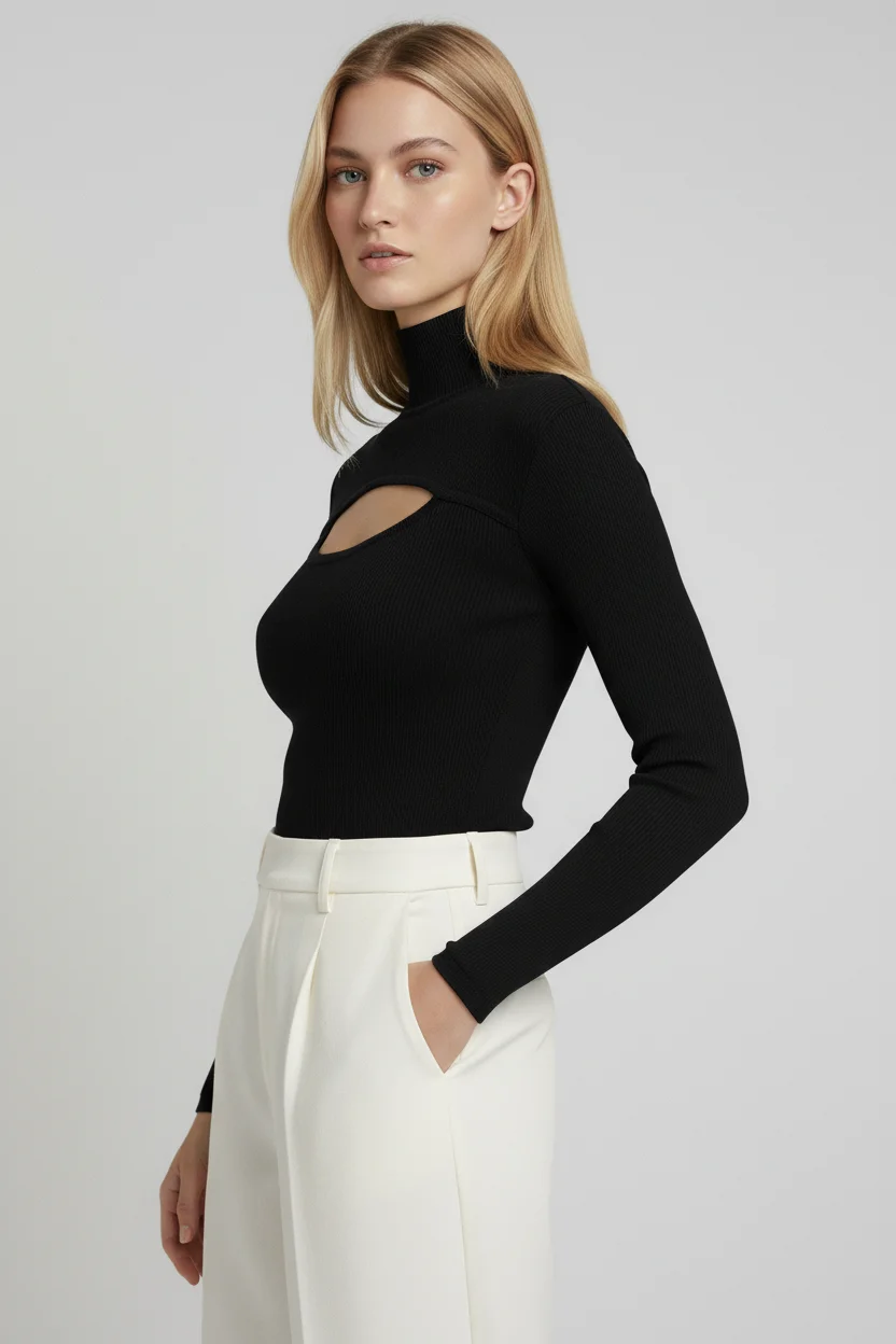 Balıkçı Yaka Cut Out Kesimli Fitilli Pamuklu Bluz - Siyah