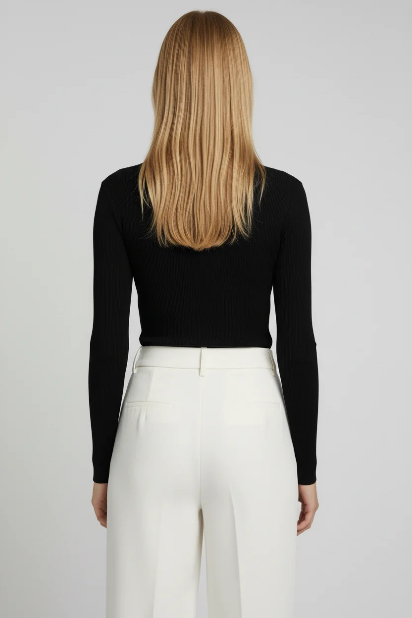 Balıkçı Yaka Cut Out Kesimli Fitilli Pamuklu Bluz - Siyah