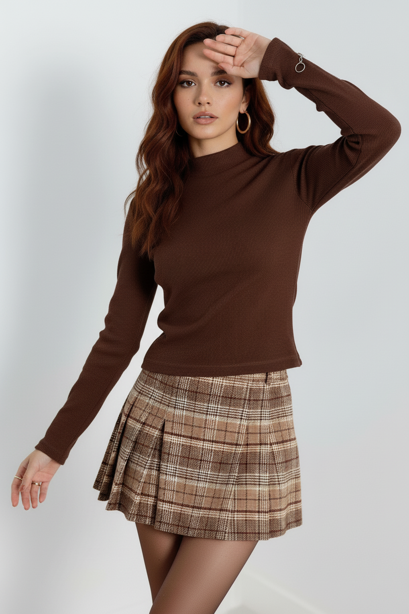 Kaşkorse Kol Fermuarlı Balıkçı Yaka Bluz - Kahverengi