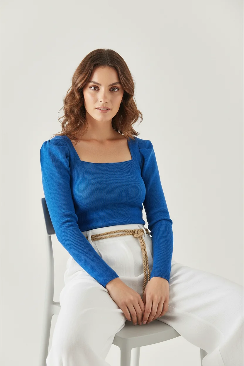 Kare Yaka Prenses Kol Kaşkorse Bluz - Saks Mavi