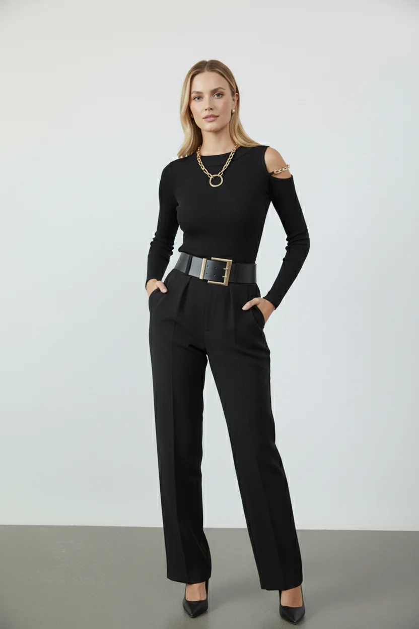 Omuz Zincir Detaylı Bisiklet Yaka Kaşkorse Pamuklu Bluz - Siyah