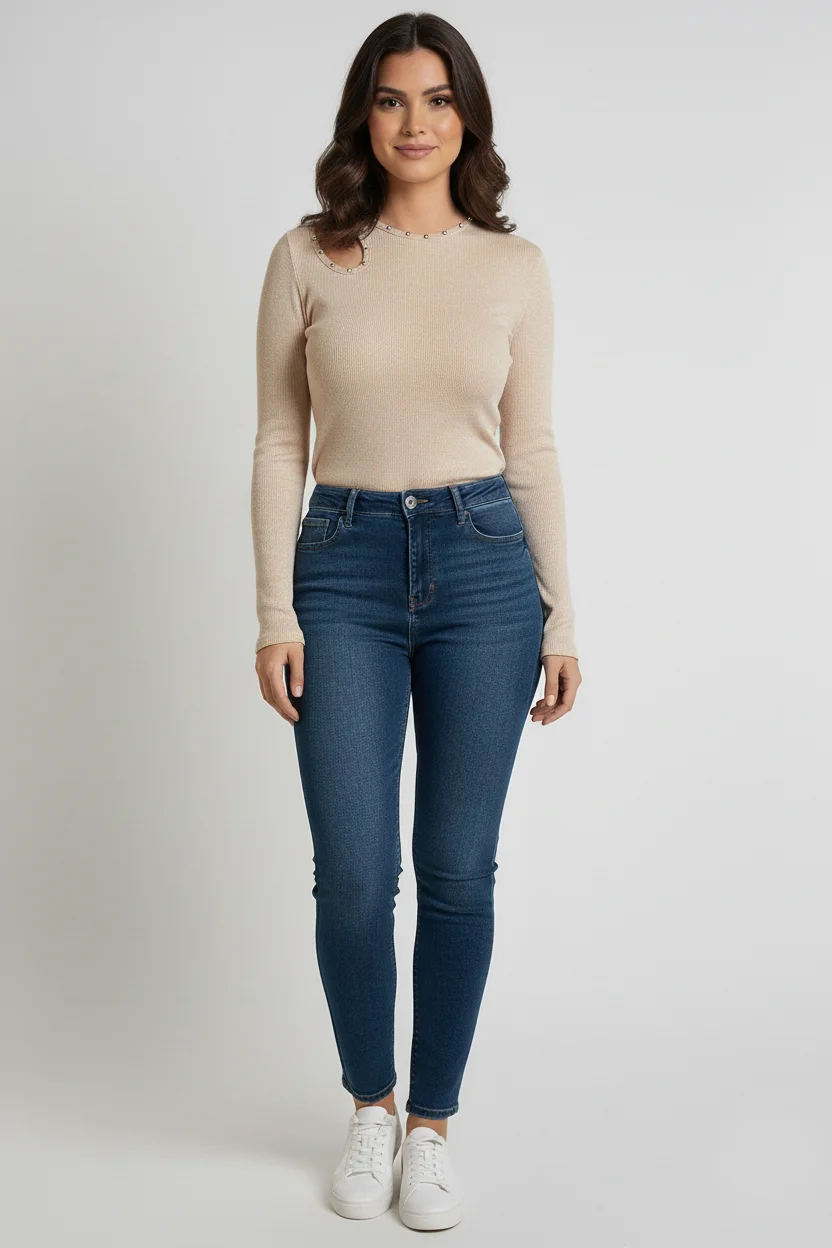 Bisiklet Yaka Cut Out kesimli Taşlı Fitilli Kaşkorse Bluz - Krem