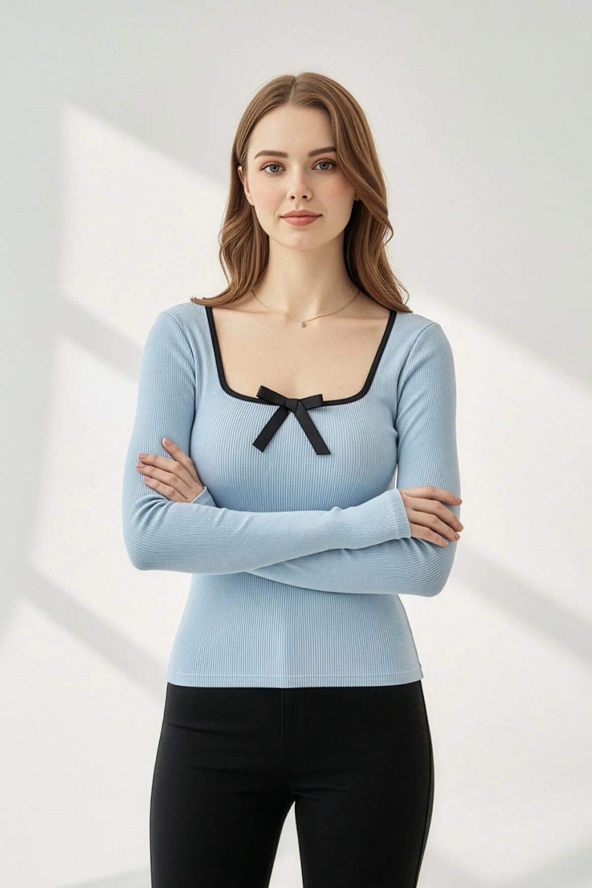 Kare Yaka Kurdele Detay Kaşkorse Bluz - Bebe Mavi