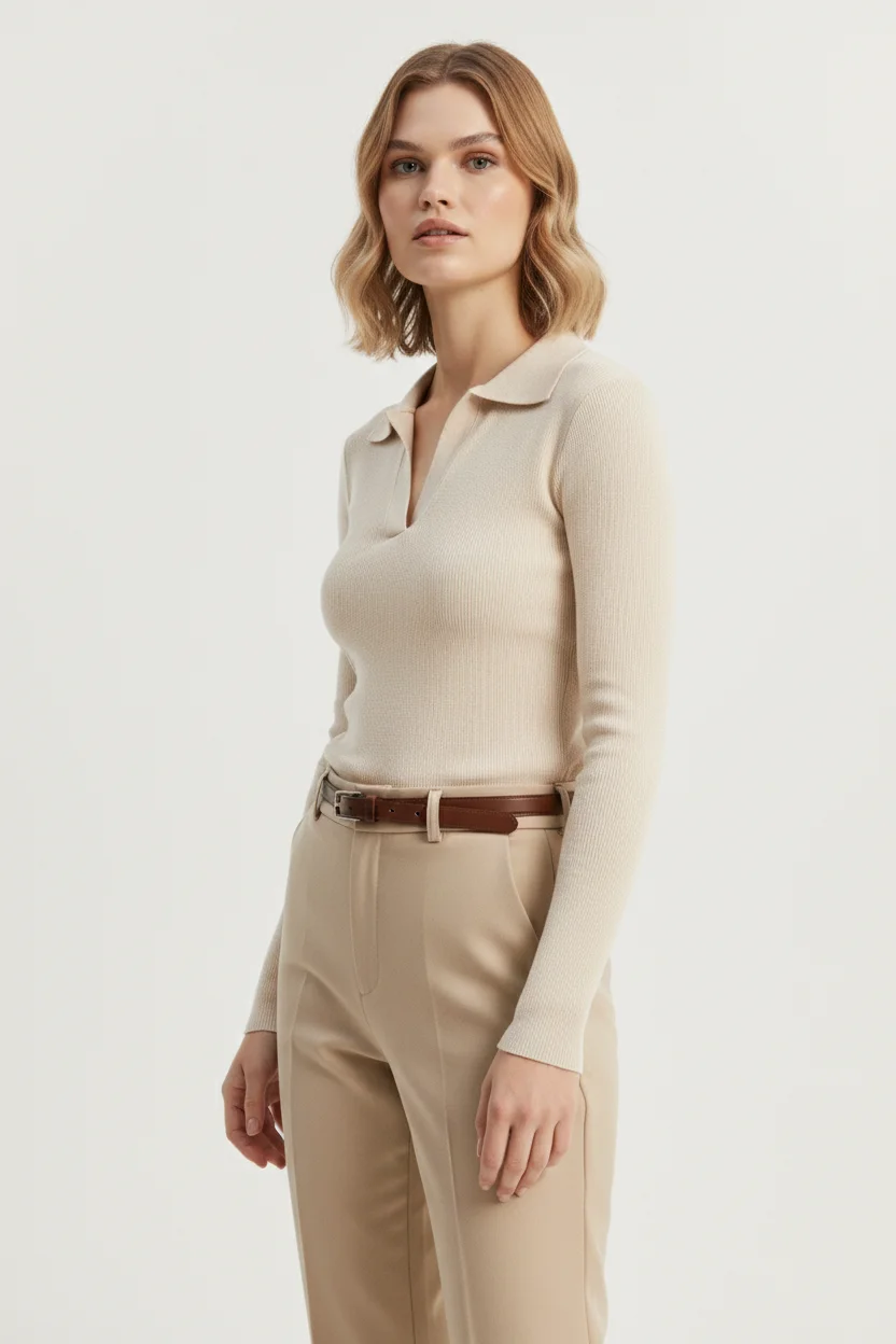 Polo Yaka Kaşkorse Bluz - Krem