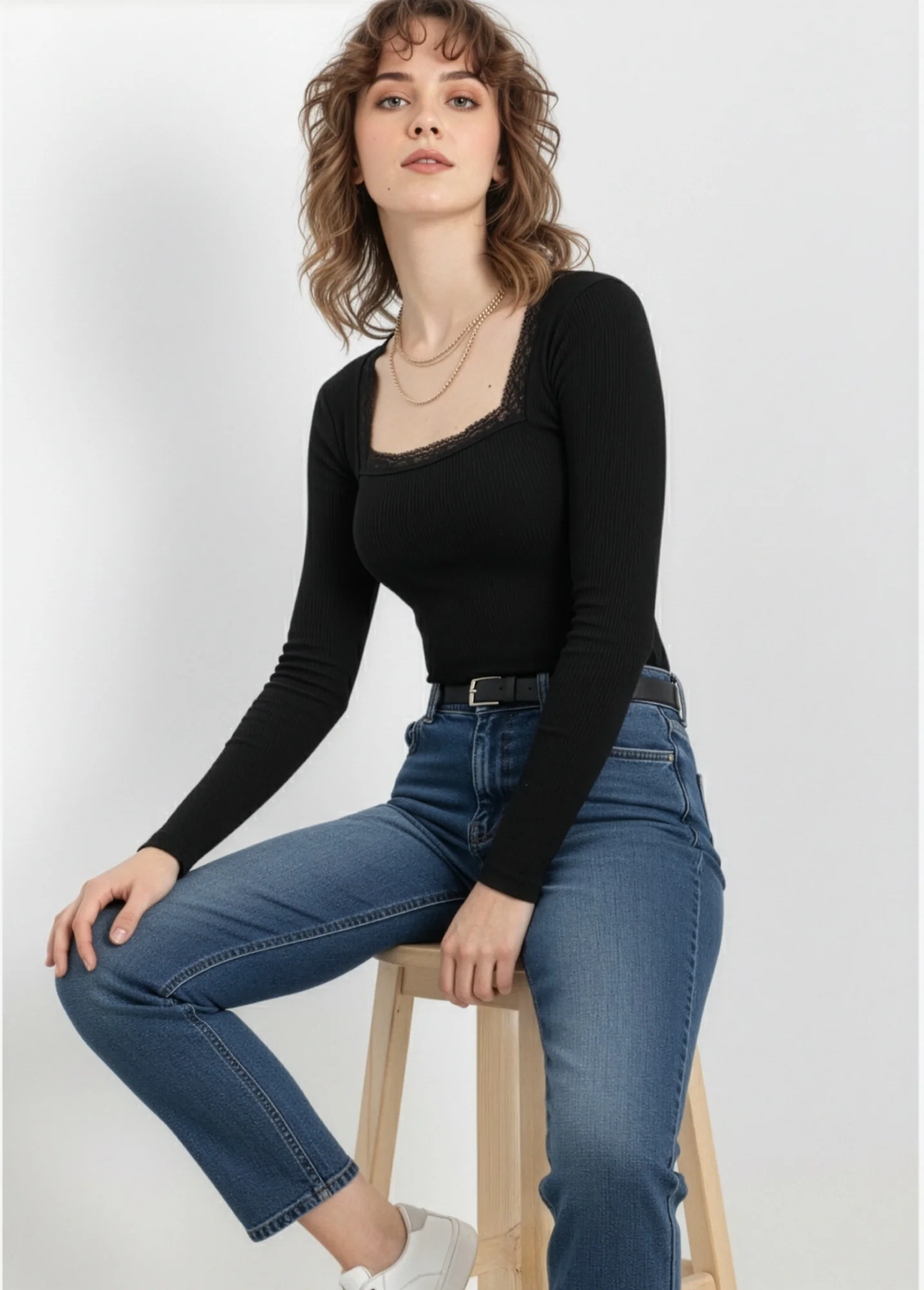 Kare Yaka Dantelli Kaşkorse Bluz - Siyah