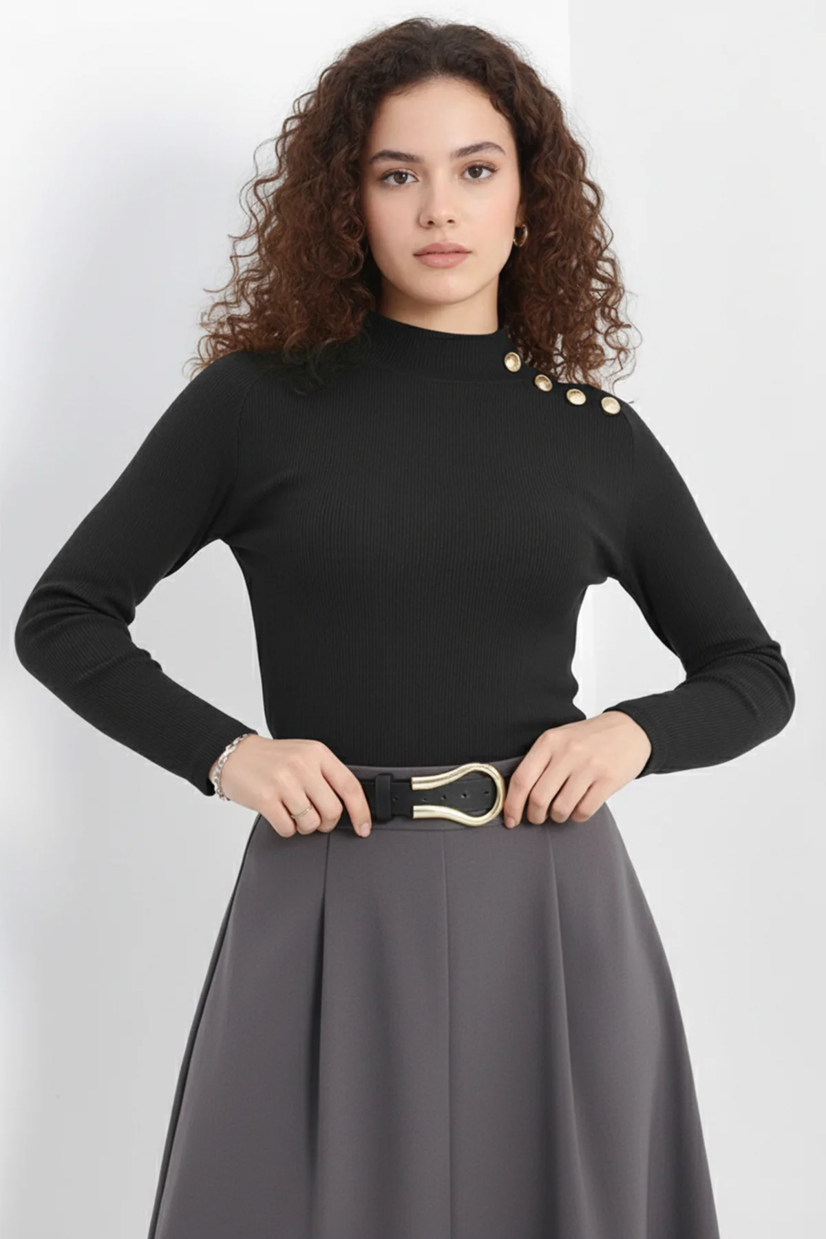 Gold Düğmeli Balıkçı Yaka Fitilli Kaşkorse Bluz - Antrasit