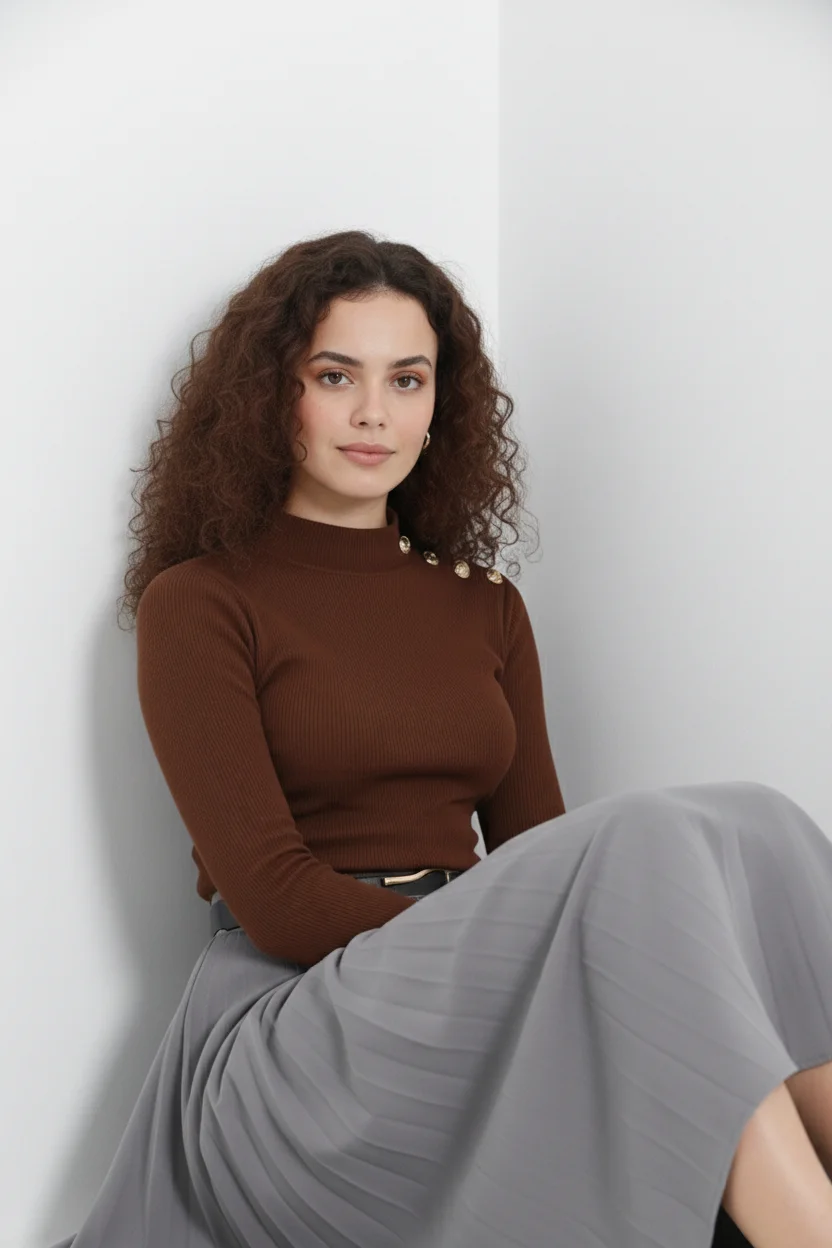 Gold Düğmeli Balıkçı Yaka Fitilli Kaşkorse Bluz -  Açık Kahve