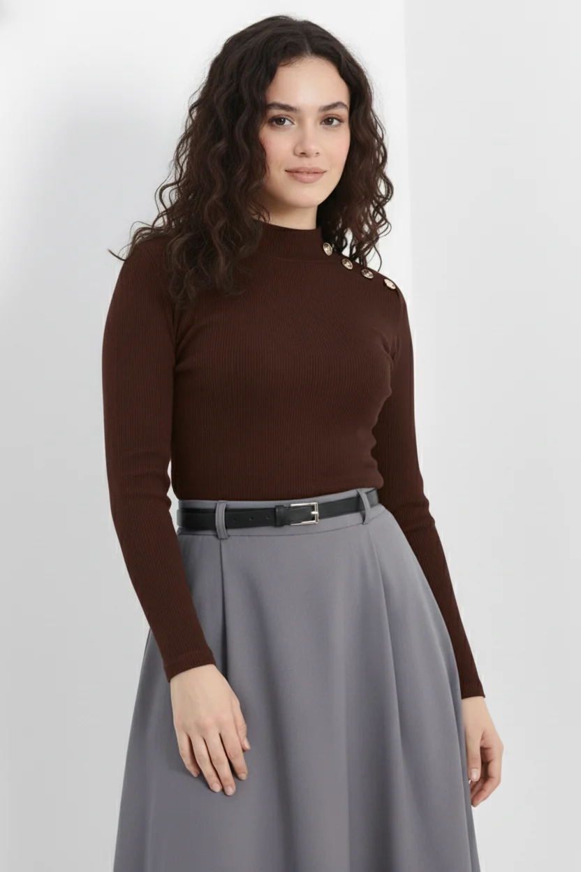 Gold Düğmeli Balıkçı Yaka Fitilli Kaşkorse Bluz – Kahverengi