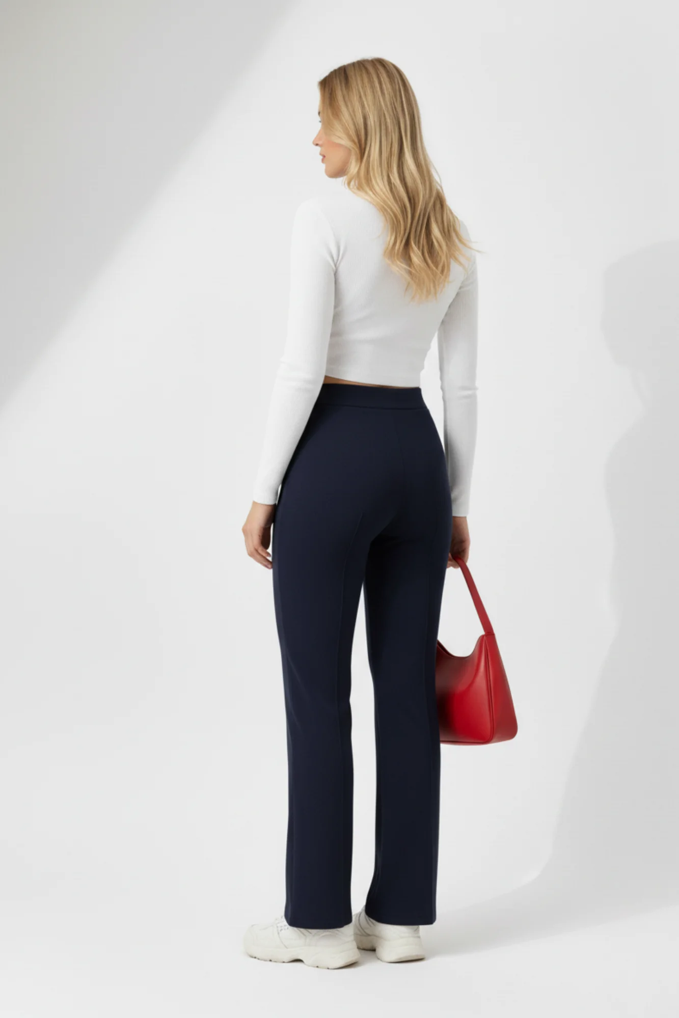 Kadın Yüksek Bel Toparlayıcı Çıma Detaylı Scuba Krep Palazzo İspanyol Paça Pantolon - Lacivert