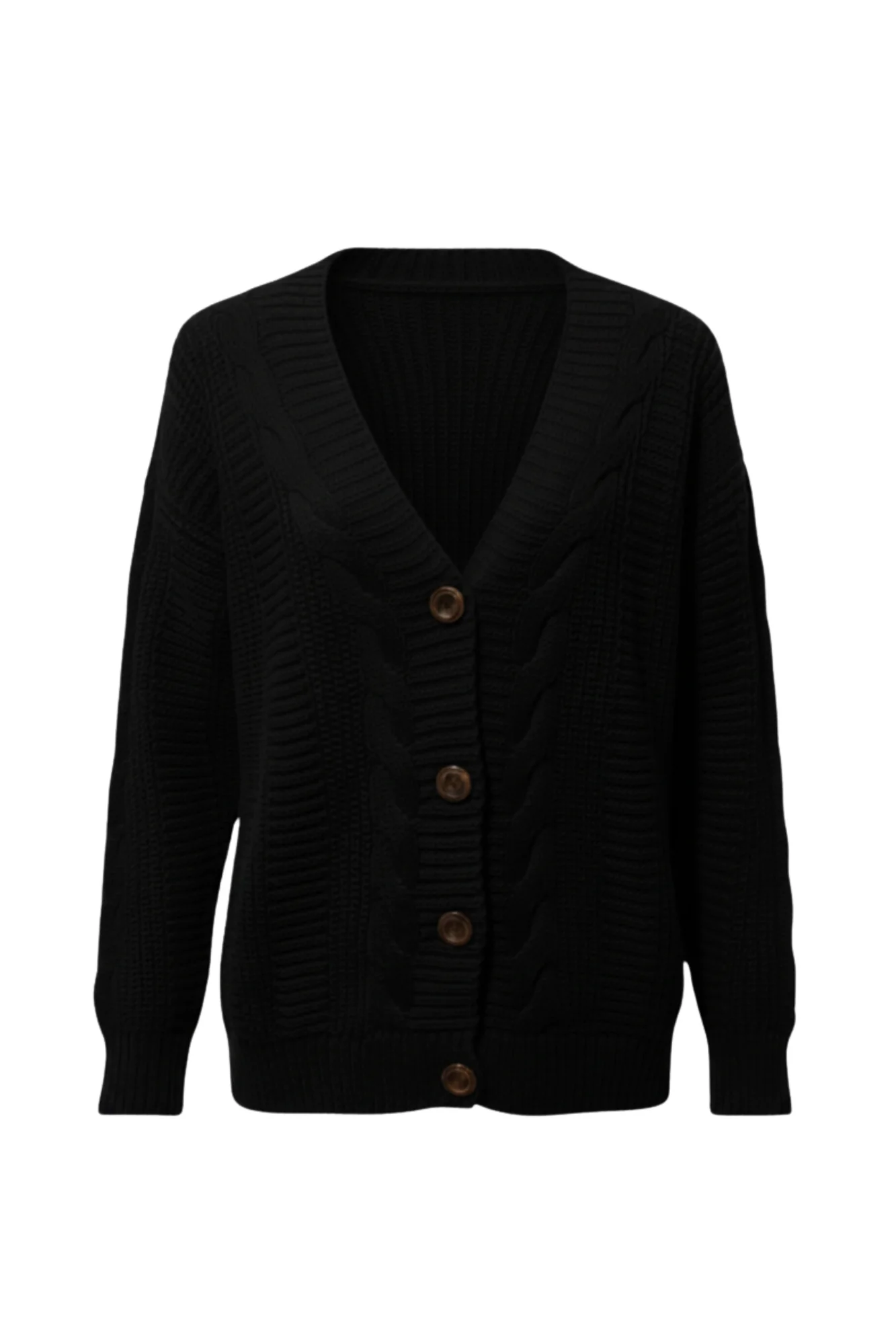 Kadın Siyah Düğmeli Kısa Triko Hırka – Burgulu Örgü Desenli