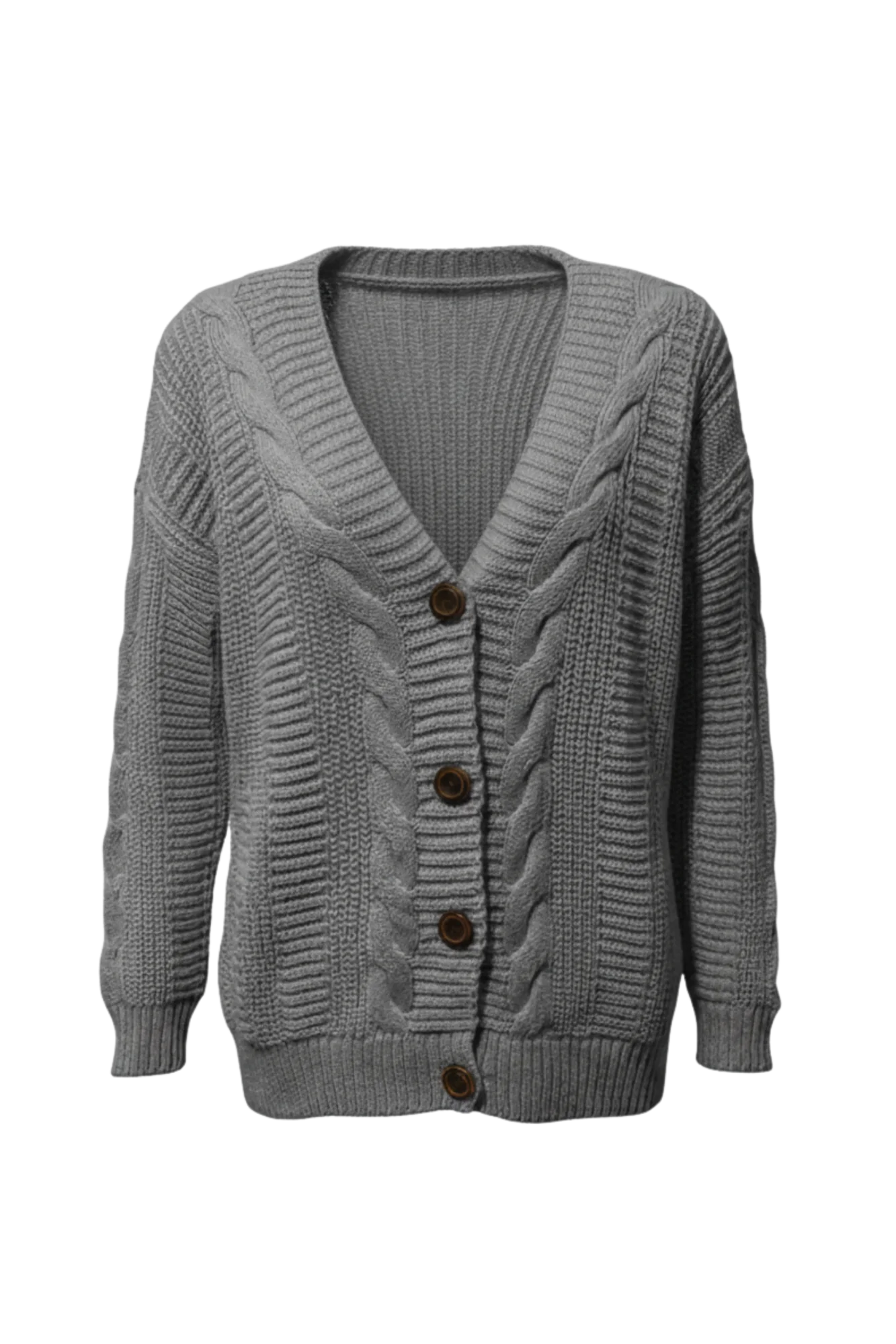 Kadın Gri Düğmeli Kısa Triko Hırka – Burgulu Örgü Desenli