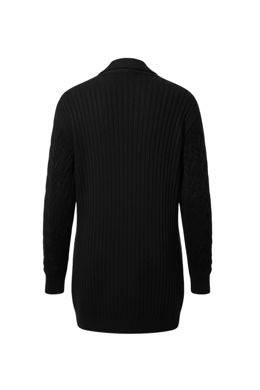 Kadın Siyah Uzun Oversize Triko Hırka – Burgulu Örgü Desenli