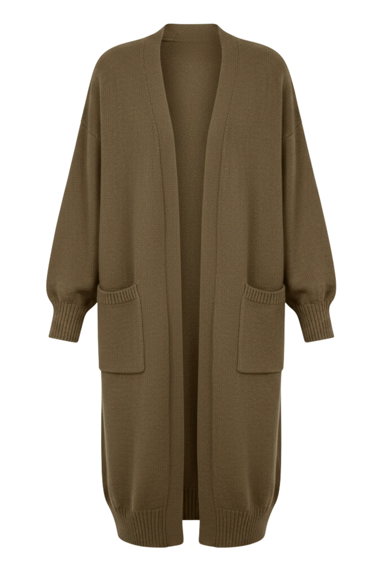 Kadın Kahverengi Uzun Oversize Örgü Hırka – Cepli Kalın Triko