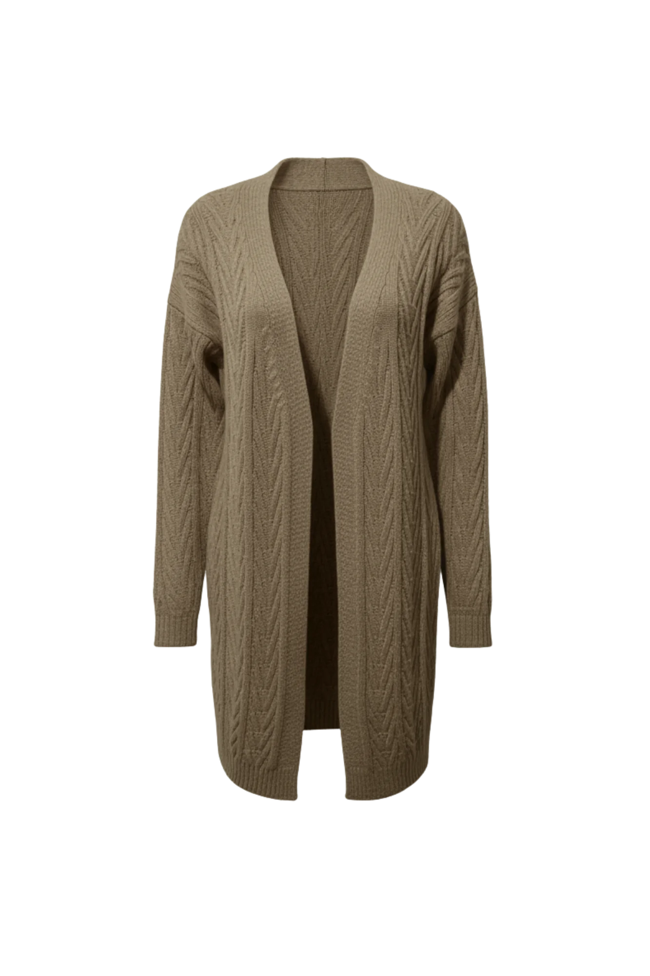 Kadın Bej Uzun Oversize Örgü Hırka – Chevron Desenli Triko