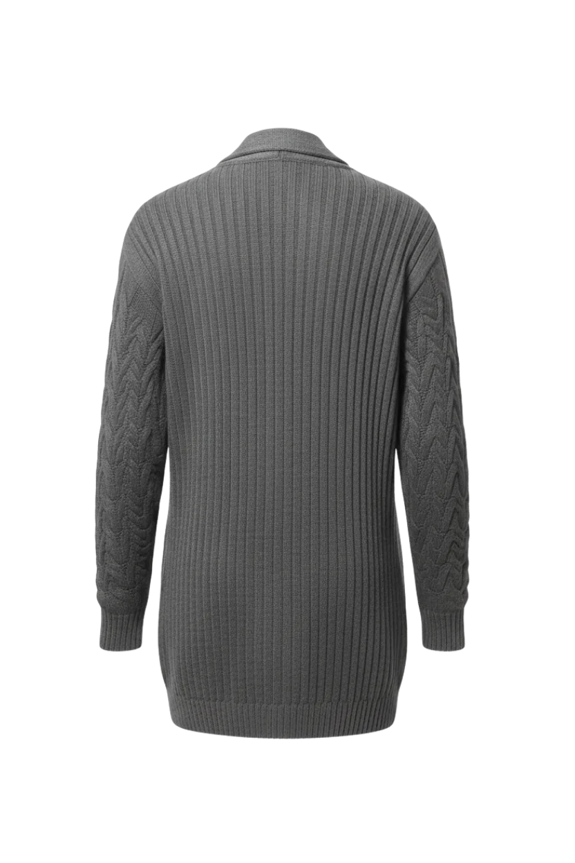 Kadın Gri Uzun Oversize Örgü Hırka – Chevron Desenli Triko