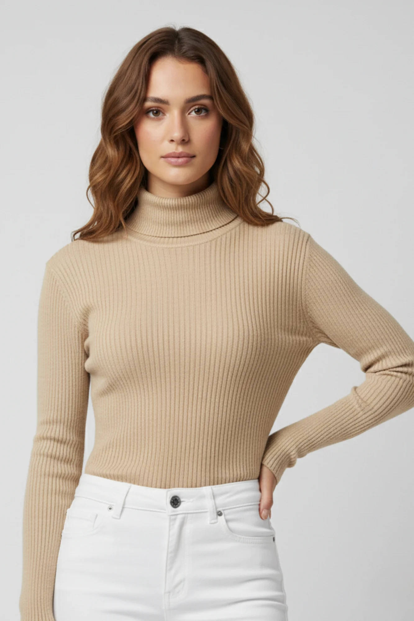 Kadın Bej Boğazlı İnce Triko Kazak