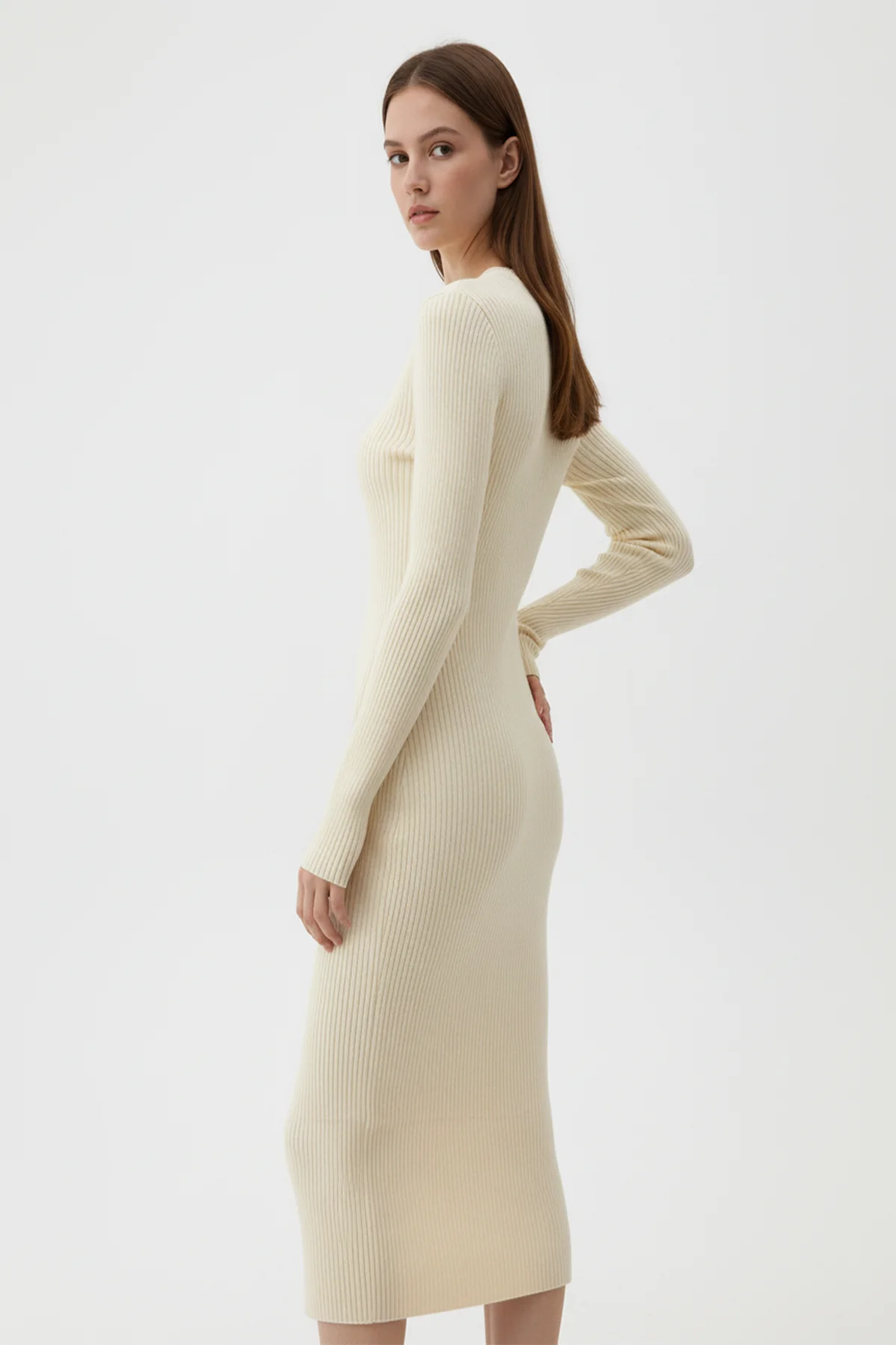 Kadın Bisiklet Yaka Uzun Elbise - Bej