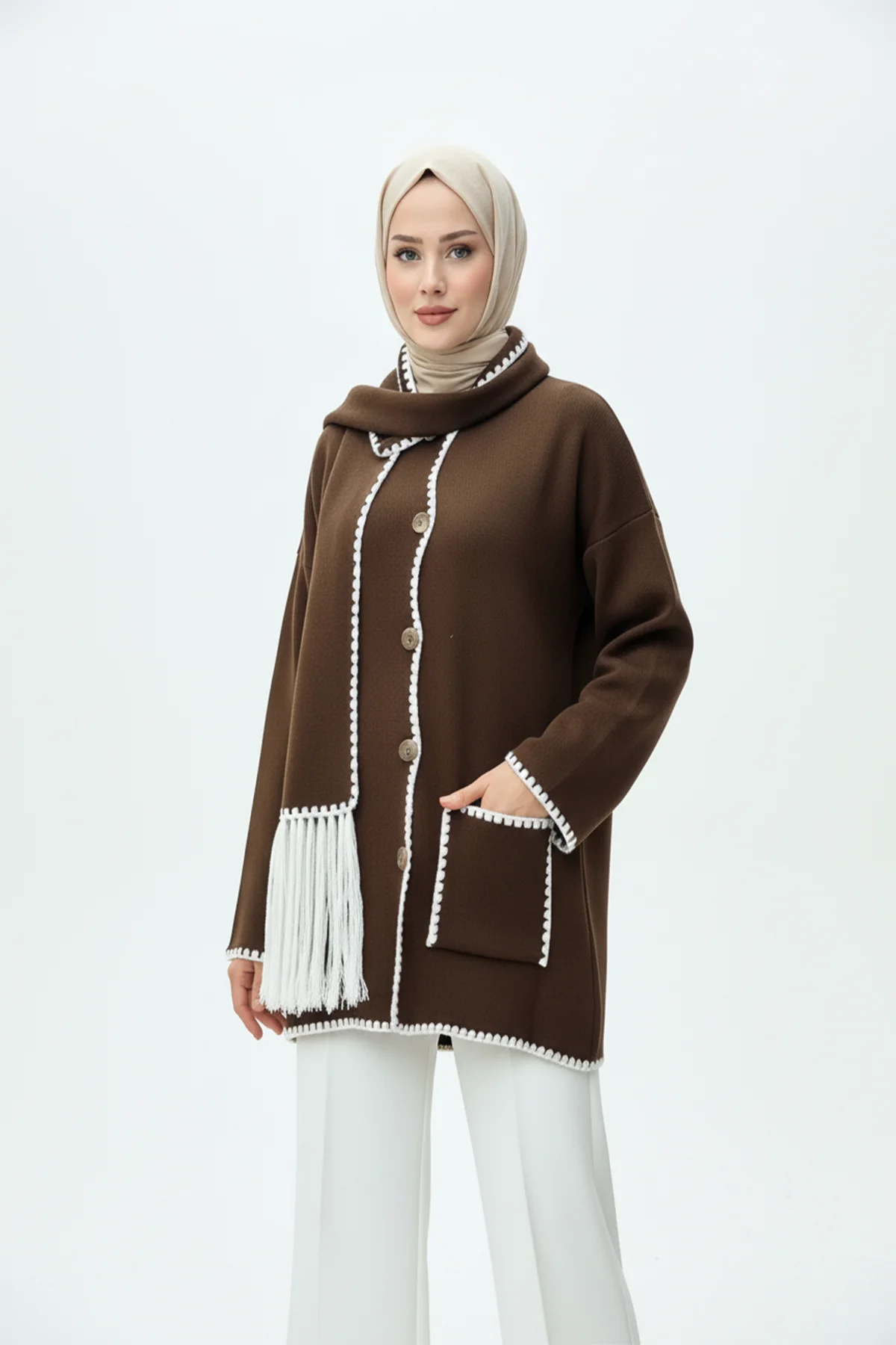 Kadın Nakış Detaylı Atkılı Yumuşak Ceket - Kahverengi