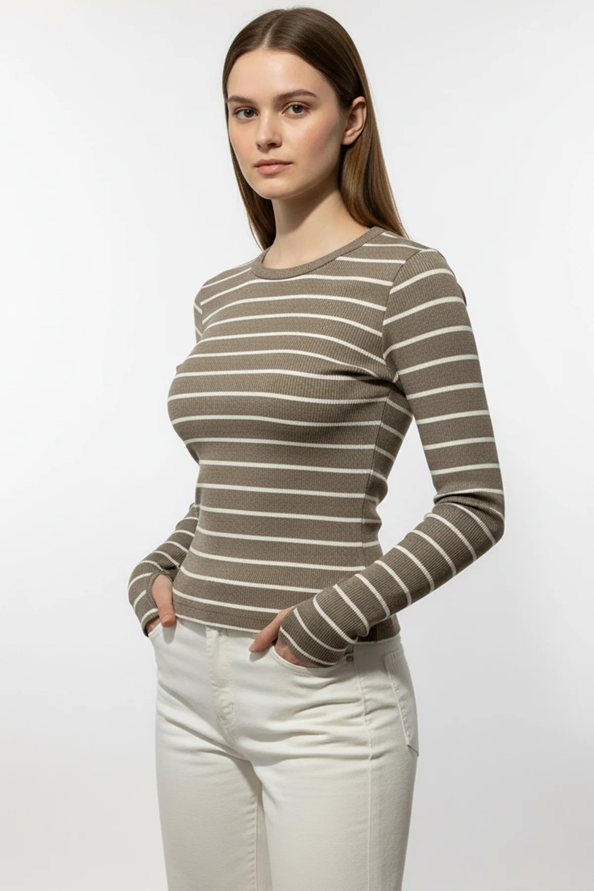Kadın Çizgili Parmak Geçmeli Bluz - Kahverengi