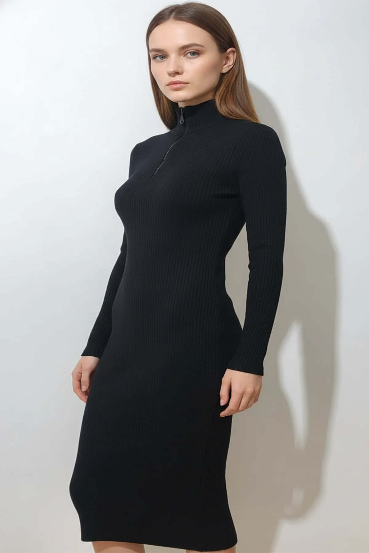 Kadın Fermuarlı Siyah Uzun Elbise