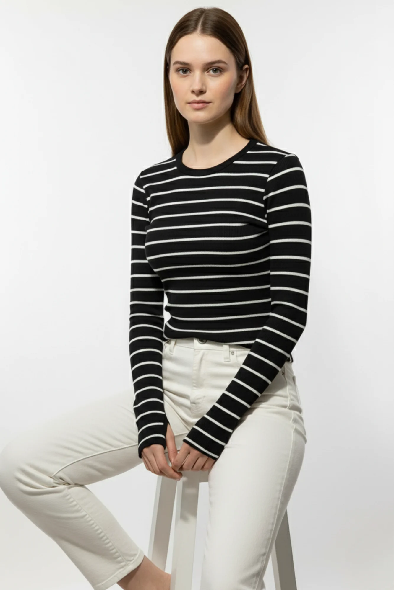 Kadın Siyah Çizgili Parmak Geçmeli Bluz