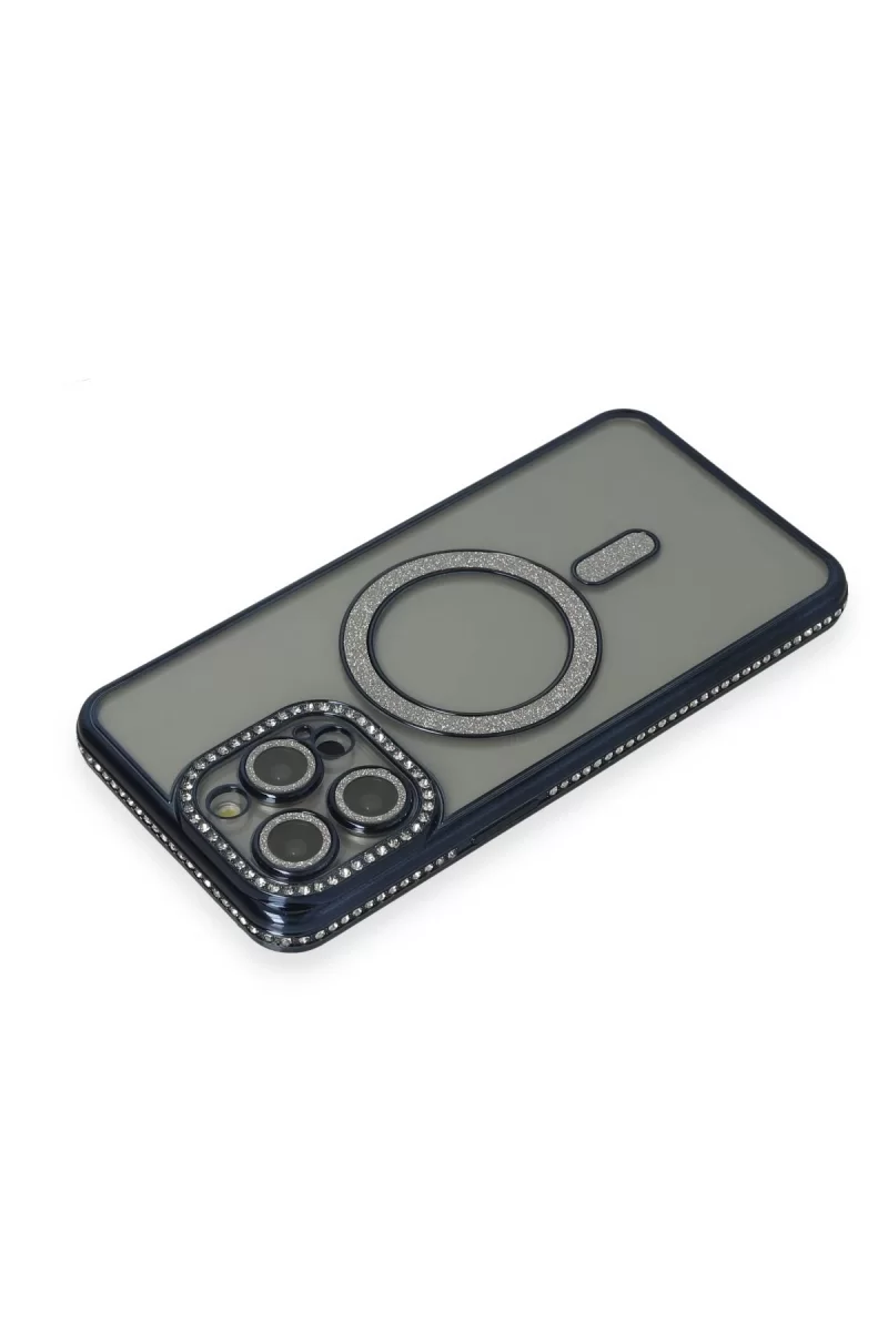 Newface Apple iPhone 15 Pro Max Kılıf Joke Simli Magneticsafe Kılıf - Lacivert