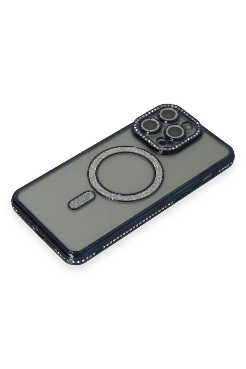 Newface Apple iPhone 15 Pro Max Kılıf Joke Simli Magneticsafe Kılıf - Lacivert
