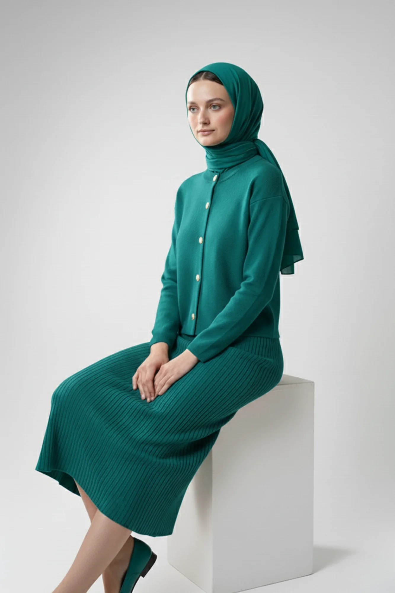 Kadın Turkuaz Hırka Elbise İkili Takım