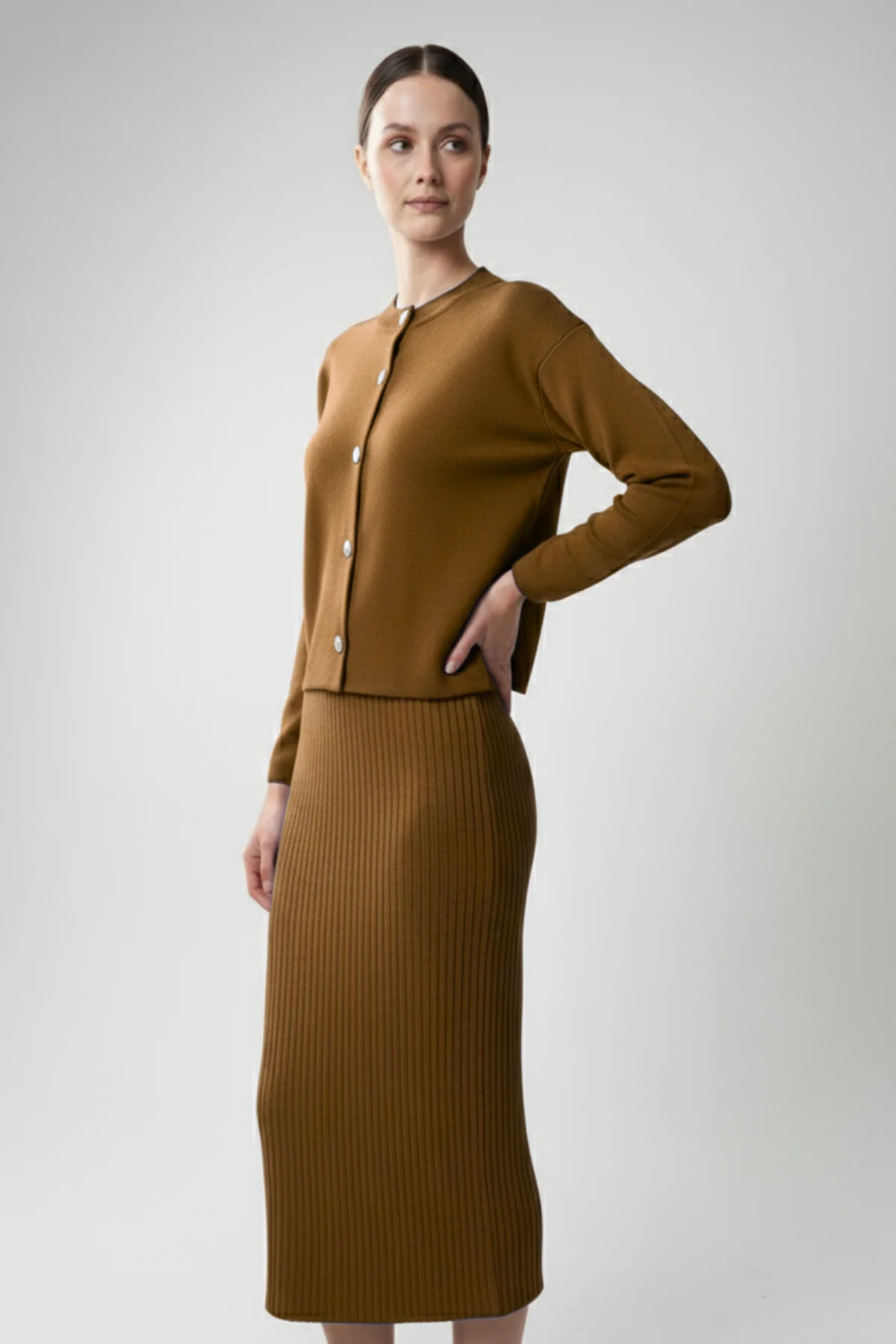 Kadın Hırka Elbise İkili Takım - Kahverengi