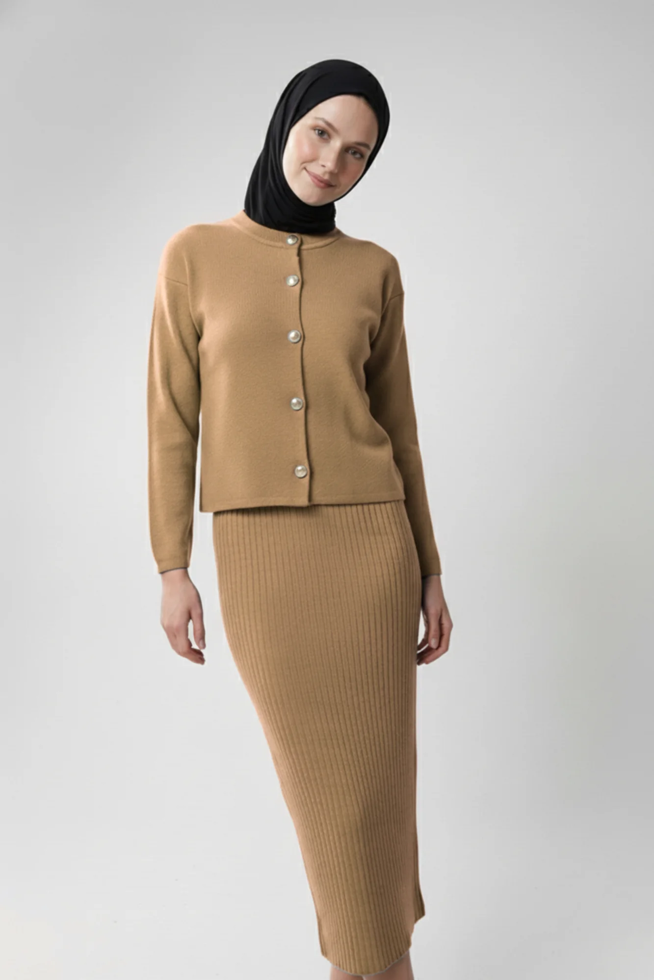 Kadın Kiremit Hırka Elbise İkili Takım