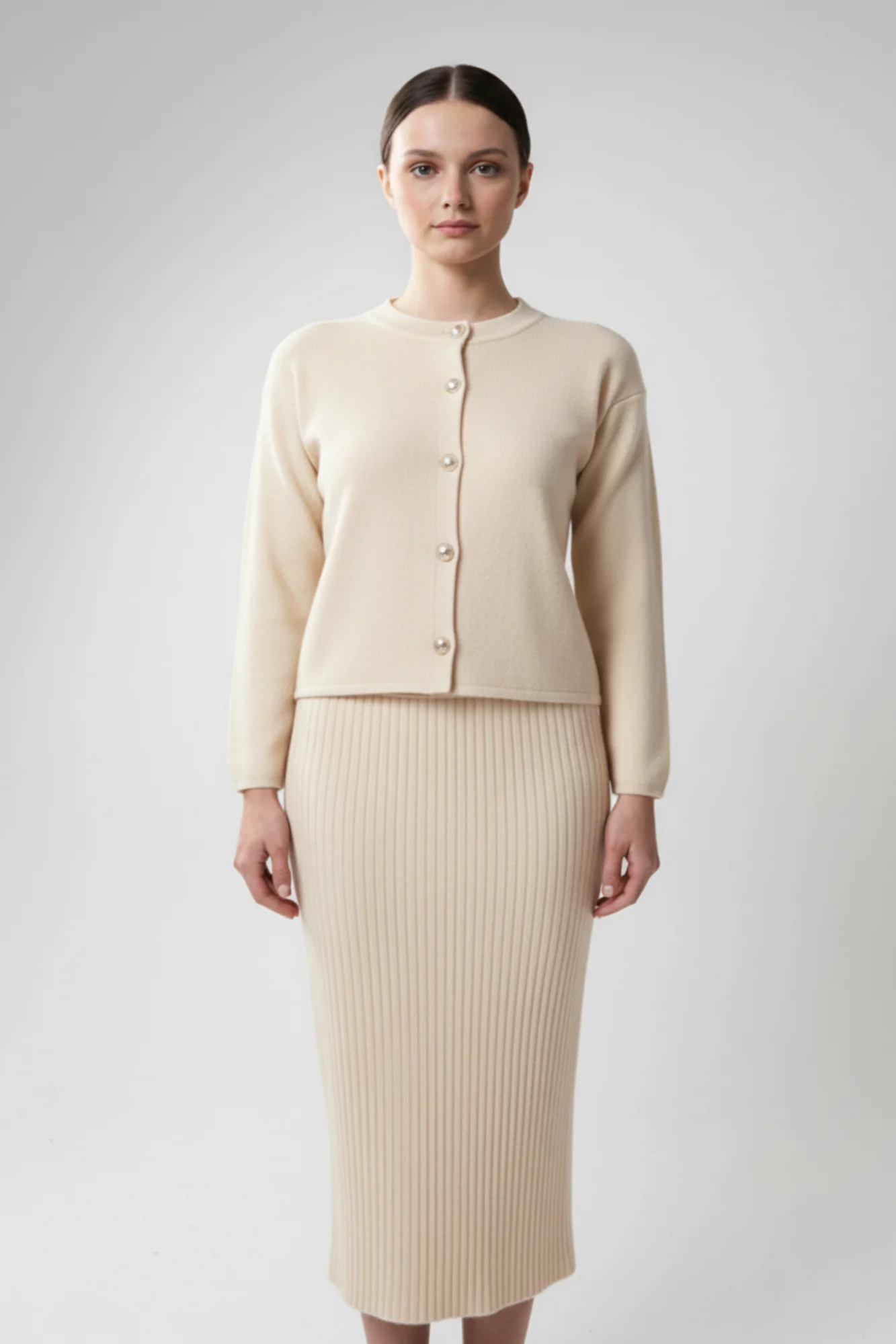 Kadın Hırka Elbise İkili Takım - Krem