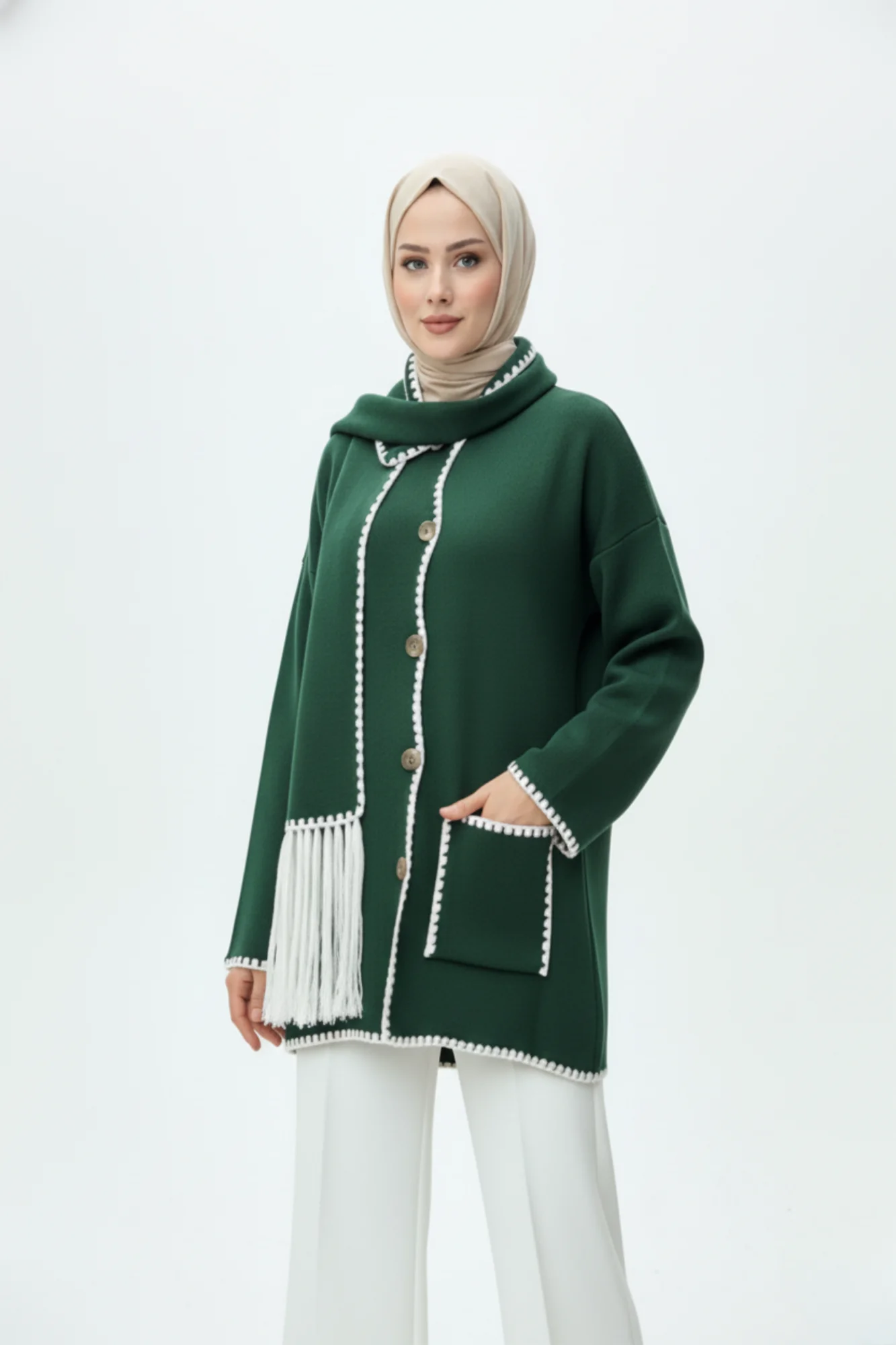 Kadın Nakış Detaylı Atkılı Yumuşak Ceket - Yeşil