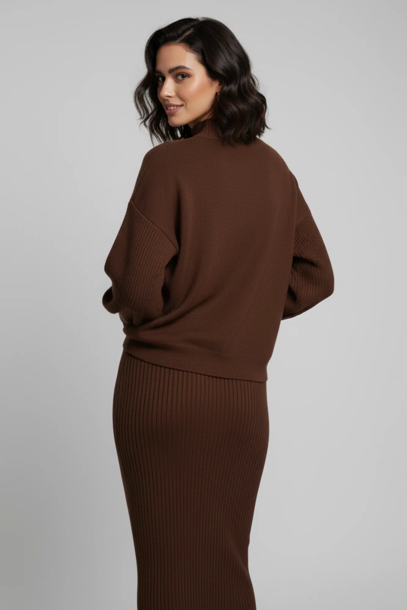 Triko Kahverengi Kazak ve Fitilli Elbise İkili Takım